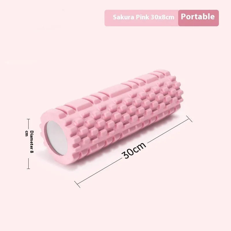 EVA foam roller for fitness in black, grey, pink, sky blue, or light purple, showing size options.