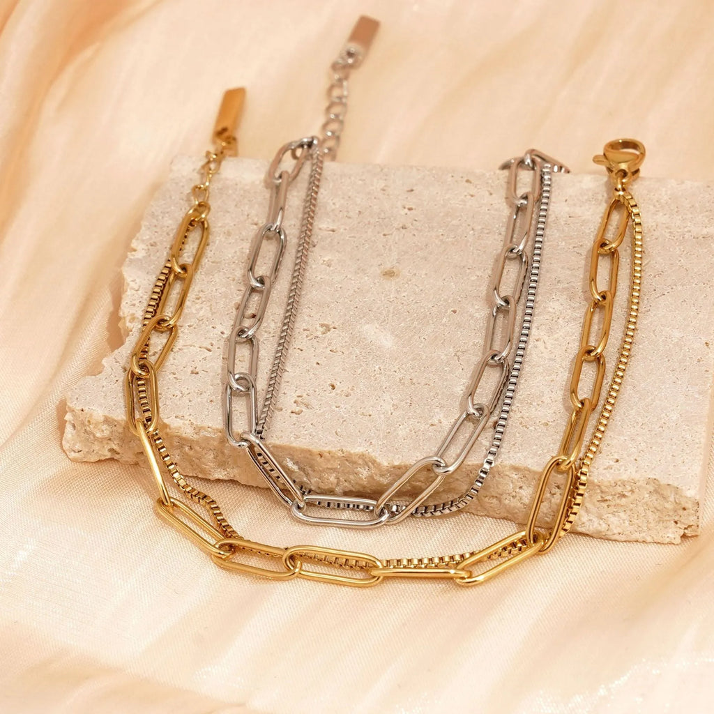 Geometric women's bracelet with double layer twin titanium steel design and electroplated gold or silver finish