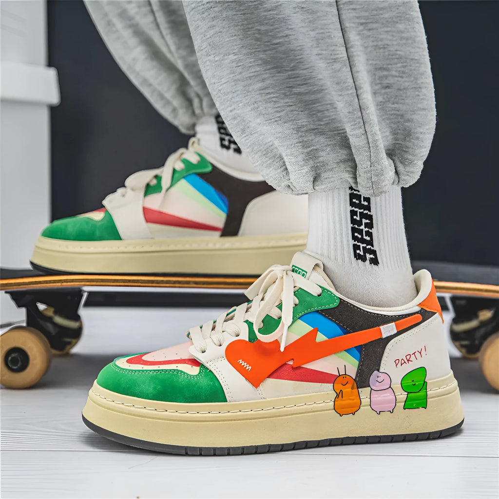 Casual lace-up sneakers in rainbow, white blue, and white rice colours with wear-resistant soles
