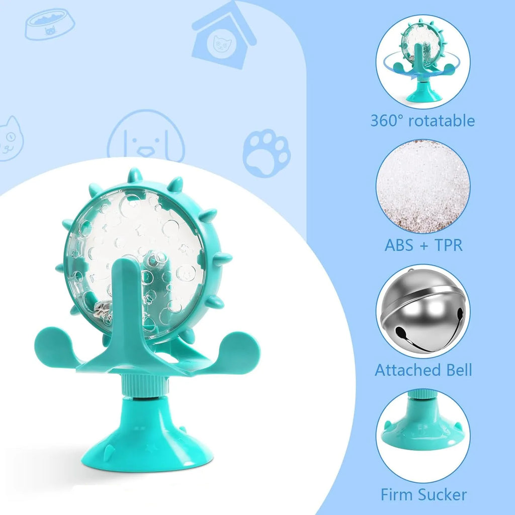 Interactive pet spinner toy with rotating feeder in blue, green, red, or yellow with suction cup base