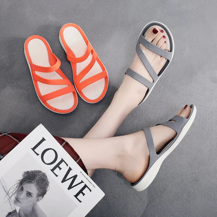 Women's solid colour beach sandals with breathable PP uppers in six colour options