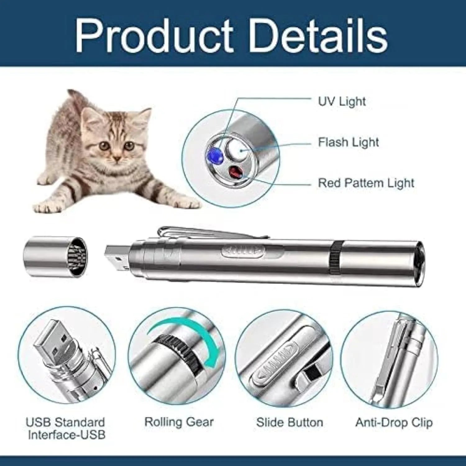 Silver aluminium alloy cat laser pointer wand showing pattern selection dial and USB charging port