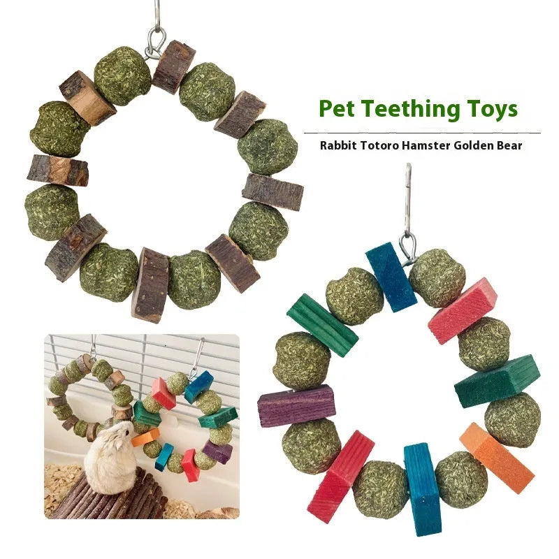 Decorative straw ball ring chew toy made from applewood for hamsters and small pets.
