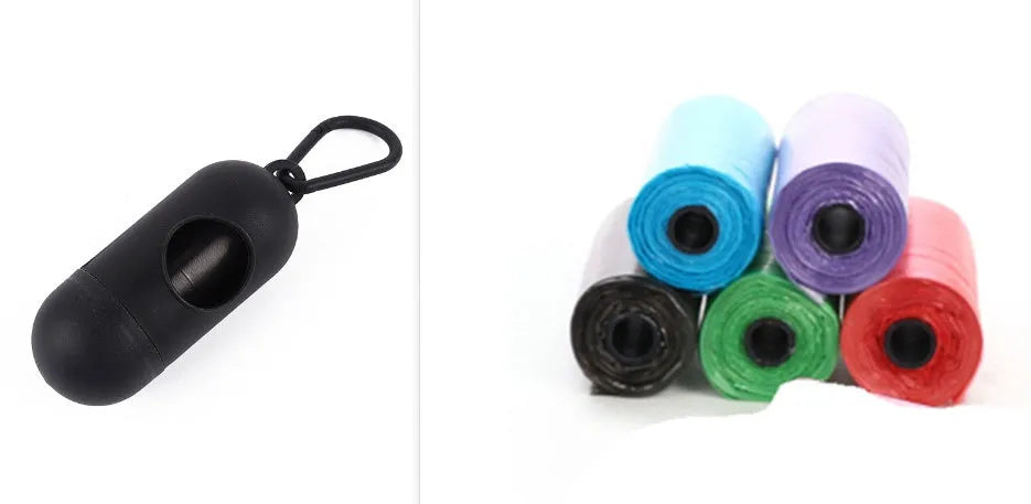 Roll of coloured disposable pet waste bags showing black, blue, green, light blue, pink, and purple options.