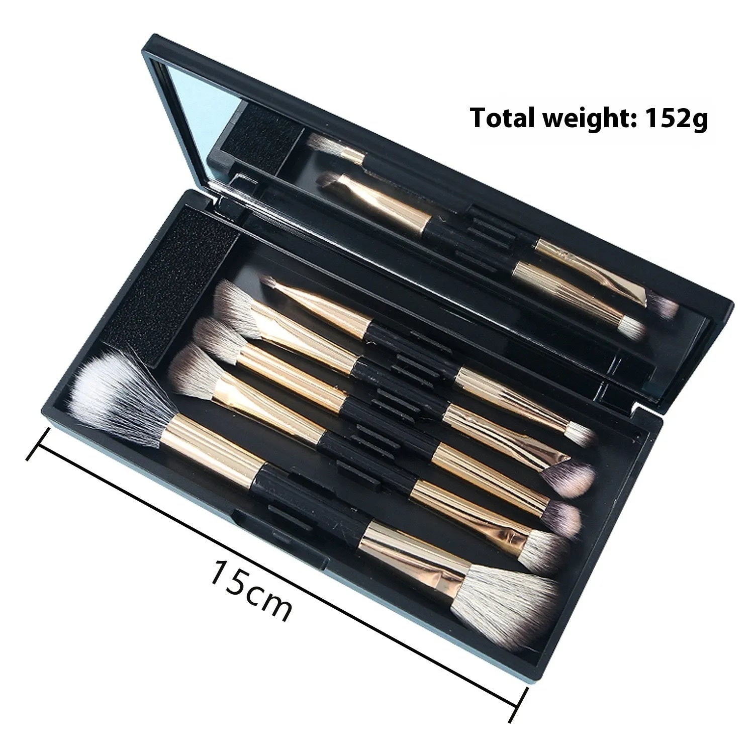 Compact makeup brush set with mirror showing silver or gold finish brushes with artificial fibre heads