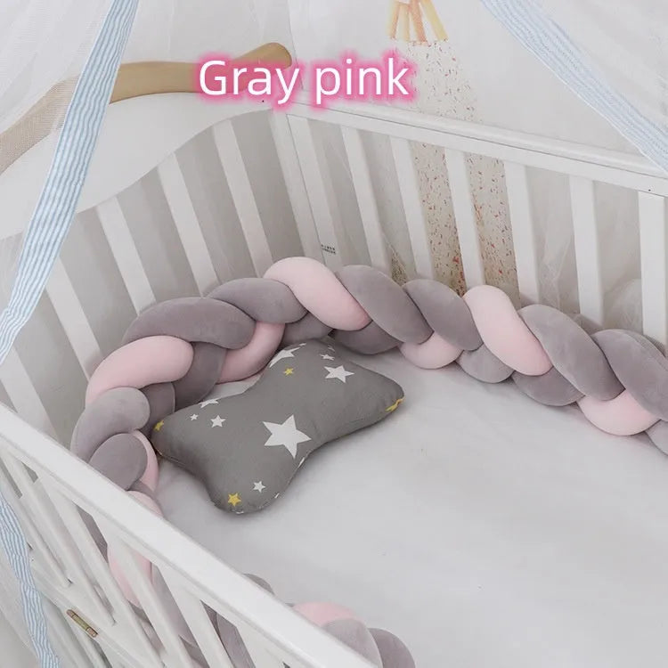 Braided knot crib bumper in spandex velvet, showing flexible length options for cot protection.