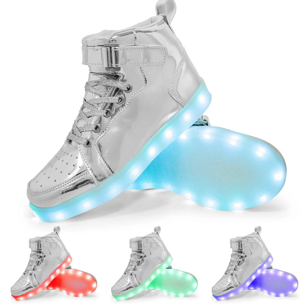 LED light-up high-top board shoes with charging port and Velcro closure in multiple colours