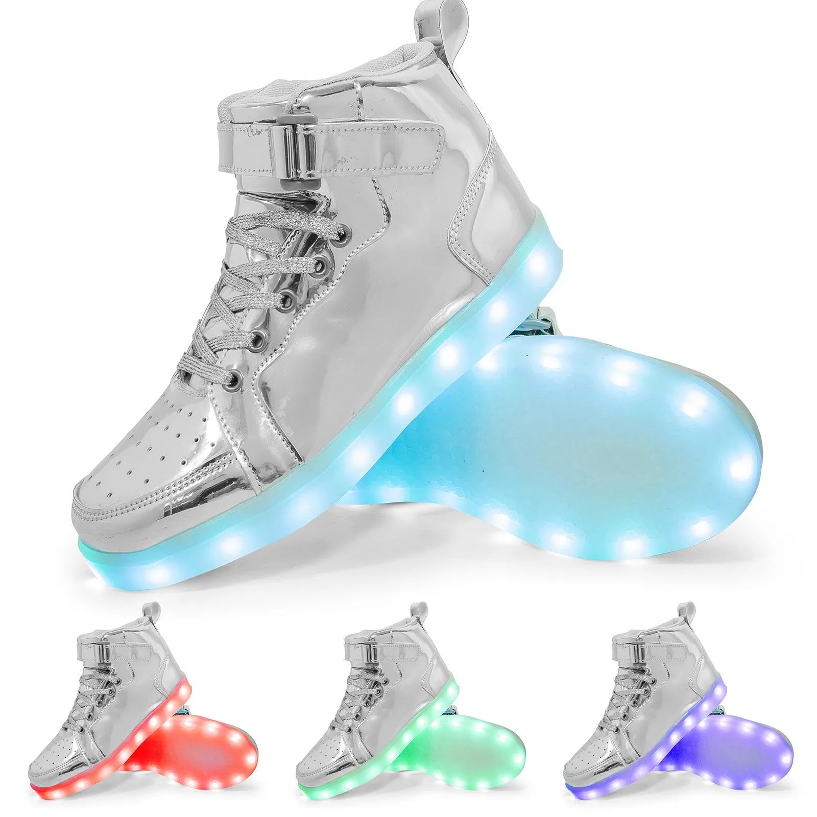 LED light-up high-top board shoes with charging port and Velcro closure in multiple colours