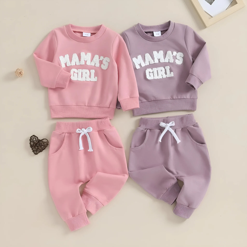 Baby girl solid colour letter embroidered sweater and trousers suit in pink cotton blend