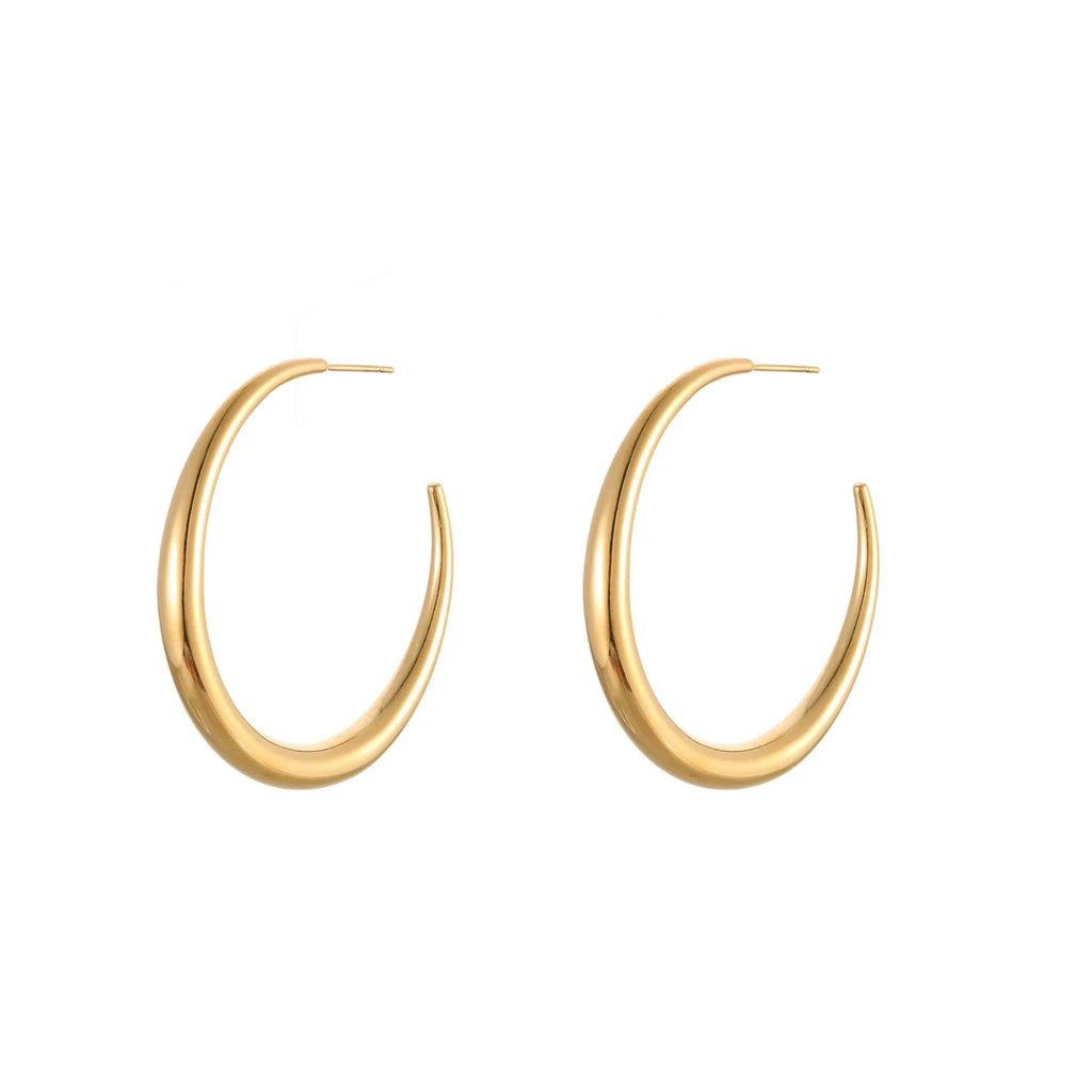 Simple round stainless steel hoop earrings for women in gold and steel colours, available in two sizes.