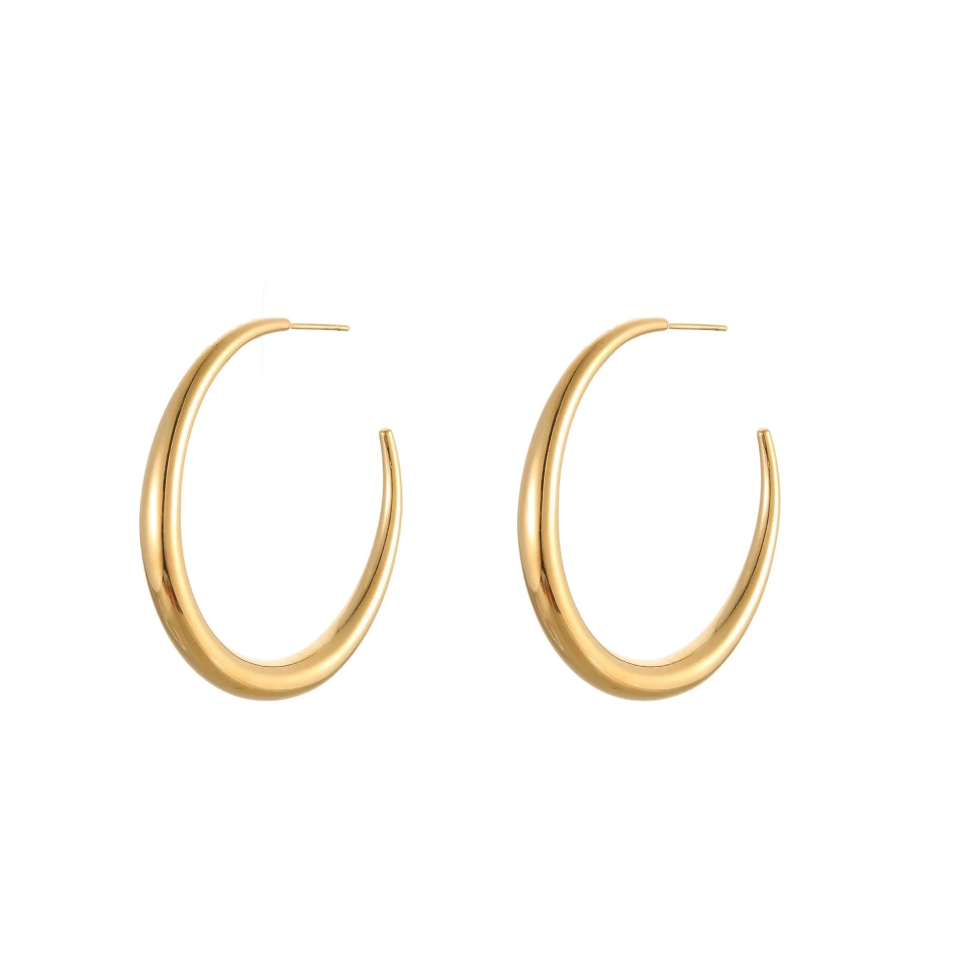 Simple round stainless steel hoop earrings for women in gold and steel colours, available in two sizes.