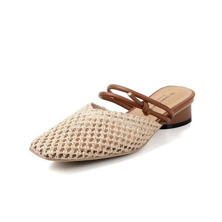 Women's square toe slippers with chunky heel and breathable design in artificial pu material