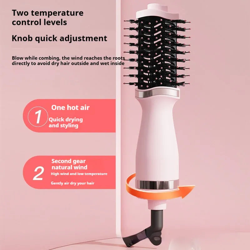 Pink multifunctional hair dryer with integrated comb and curling attachments for drying and styling hair