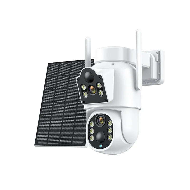 Outdoor solar-powered wireless wifi security camera with 4MP HD sensor and attached solar panel on a wall mount.