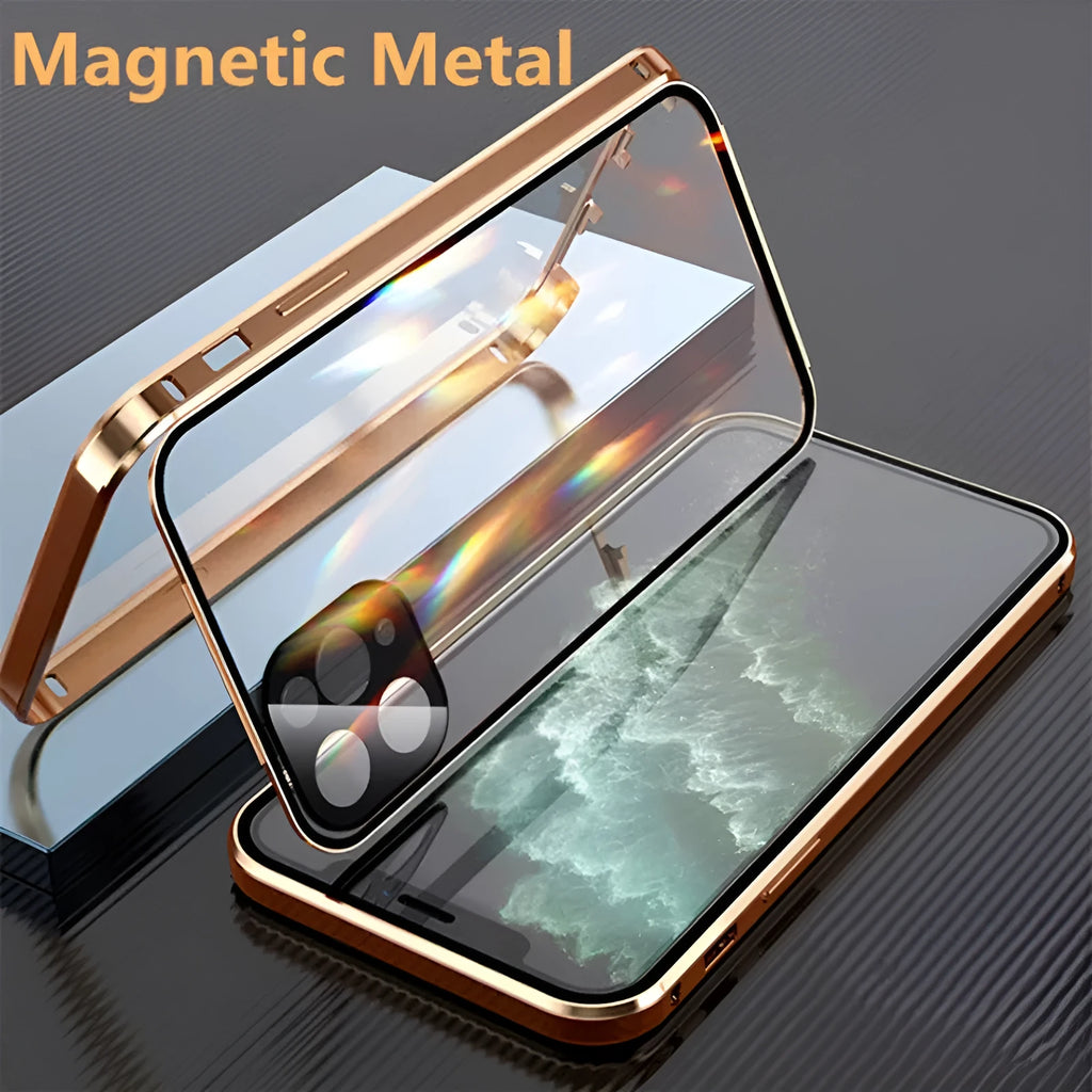 Silver aluminium metal bumper case with tempered glass back for iPhone on a table