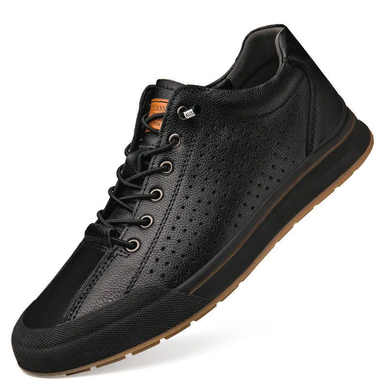 Men's white matte leather casual shoes with breathable hollow-out design and flat heel.
