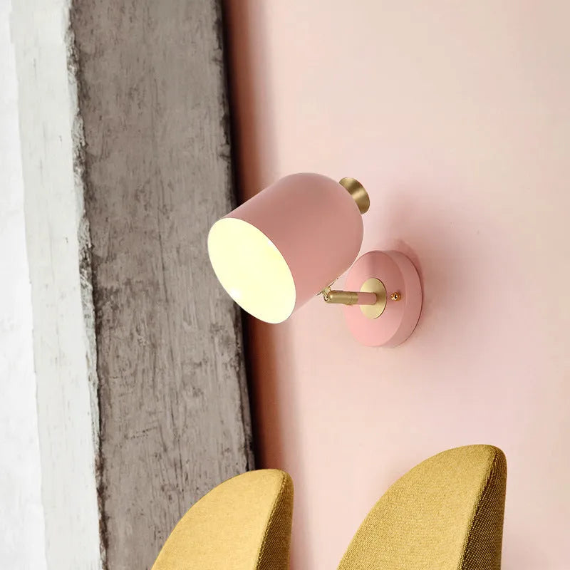 Circular aluminium bedside wall lamp with mirror front in choice of blue, green, pink or yellow finish