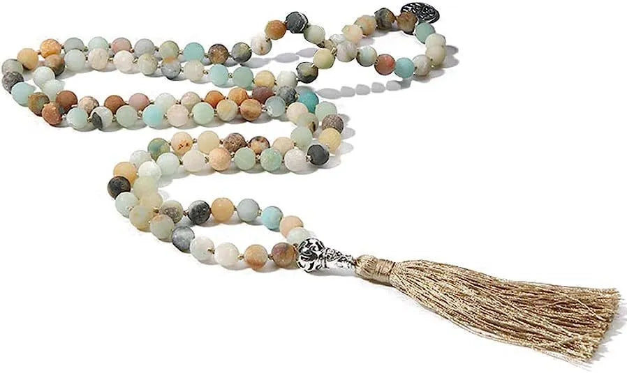 Handmade knotted natural stone bead necklace with 8mm beads in one of 12 colour options.