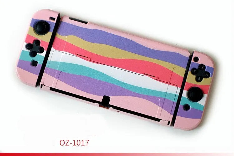 Nintendo Switch OLED hard protective case with cartoon pattern design showing front and back views