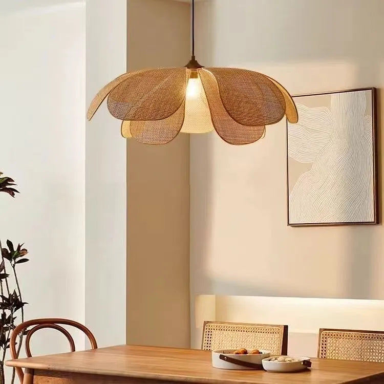 Creative handmade rattan petal chandelier natural bamboo ceiling lamp diameter 60cm with soft LED lighting