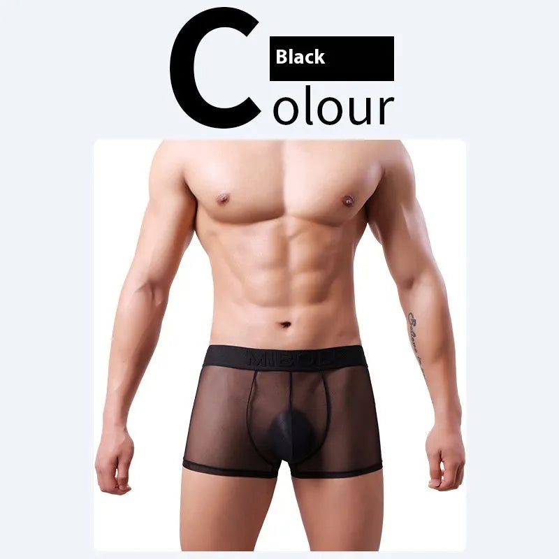 Men's thin invisible breathable boxer shorts in black colour showing knit polyester fabric texture