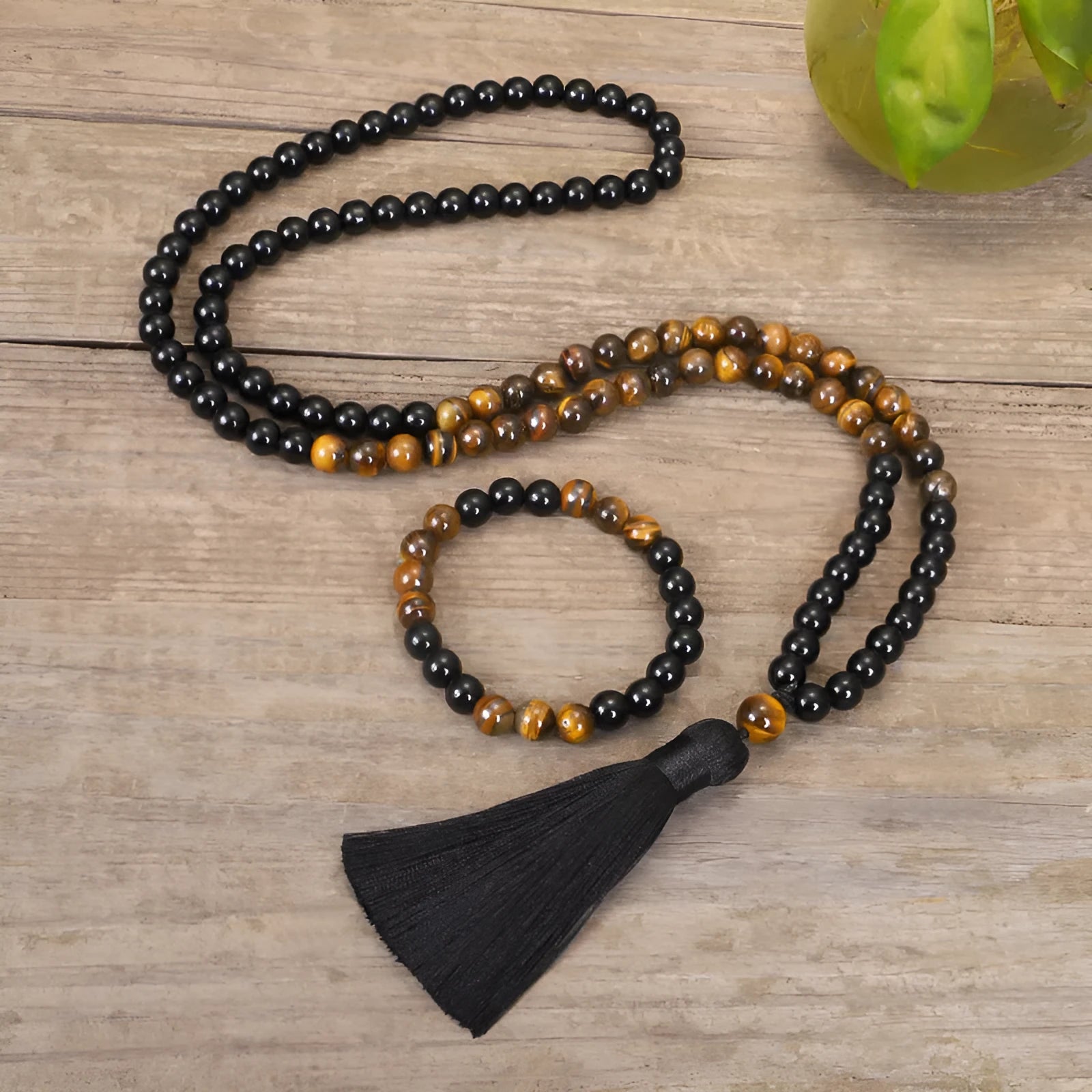 Tiger eye stone drop pendant tassel necklace chain with ball bead construction