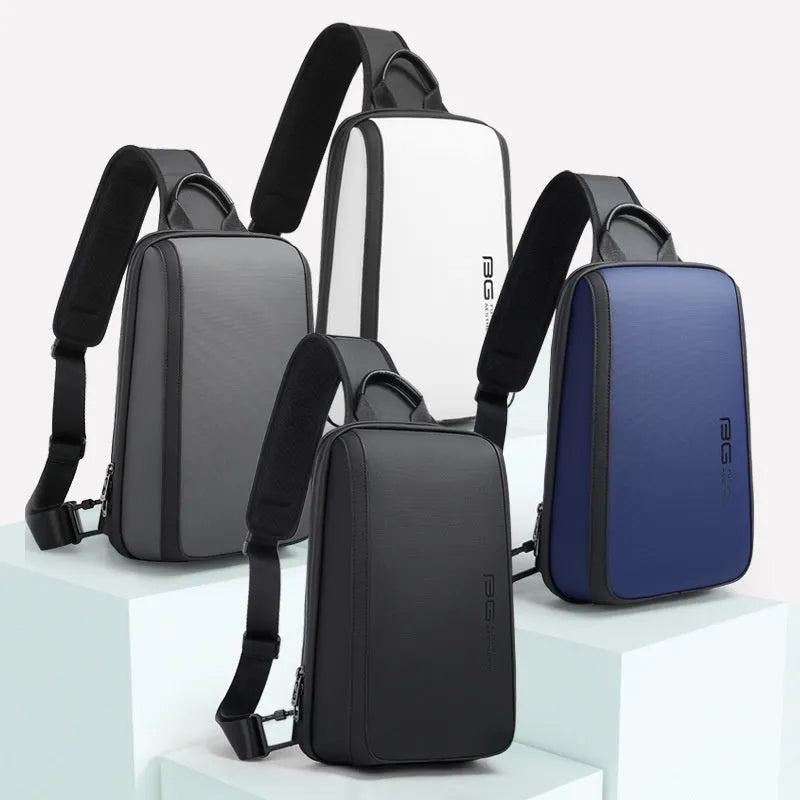Blue Oxford cloth chest bag with double shoulder straps showing compact dimensions