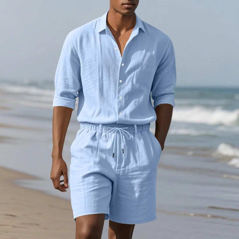 Men's linen long sleeve shirt and matching shorts set for beachwear in various colours.
