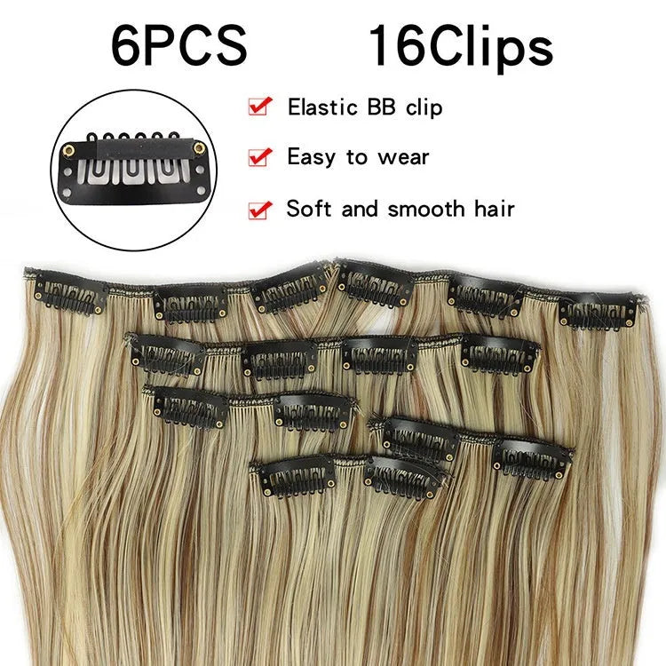 6-piece long straight synthetic wig extensions in 60cm length with multiple colour options