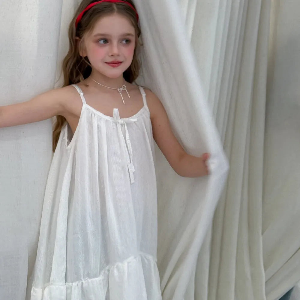 White girls summer cotton chiffon sling dress with lace trim for 90-150cm height