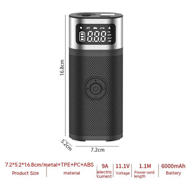 Black portable wireless smart air pump with USB Type-C charging cable, 15cm tube, and multiple inflation nozzles.