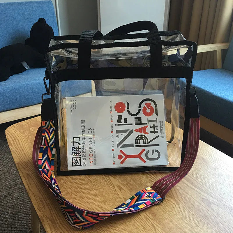 Women's transparent PVC shoulder messenger bag with double connector straps in horizontal square shape