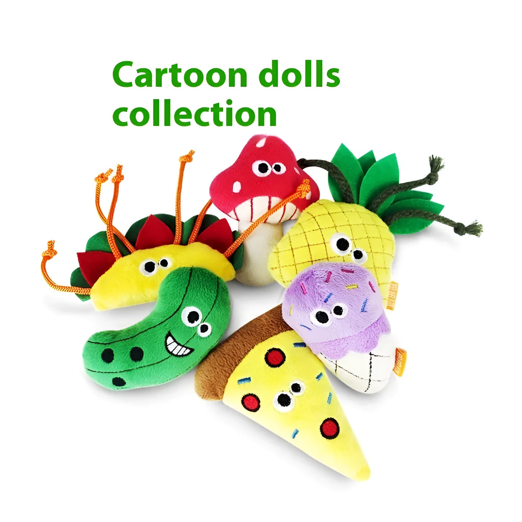 Set of six polygonum multiflorum wood cat dental toys in burrito, cone, cucumber, mushroom, pineapple, and pizza shapes with catnip plush companions