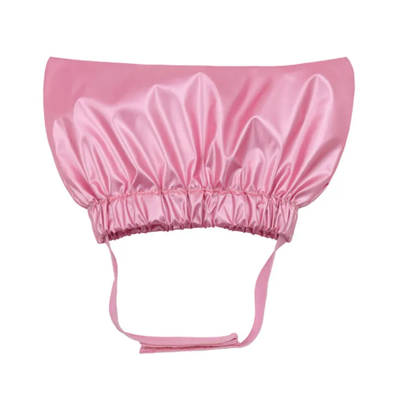 Adjustable waterproof pet shower cap in silver, pink, and gold colours for cats and dogs