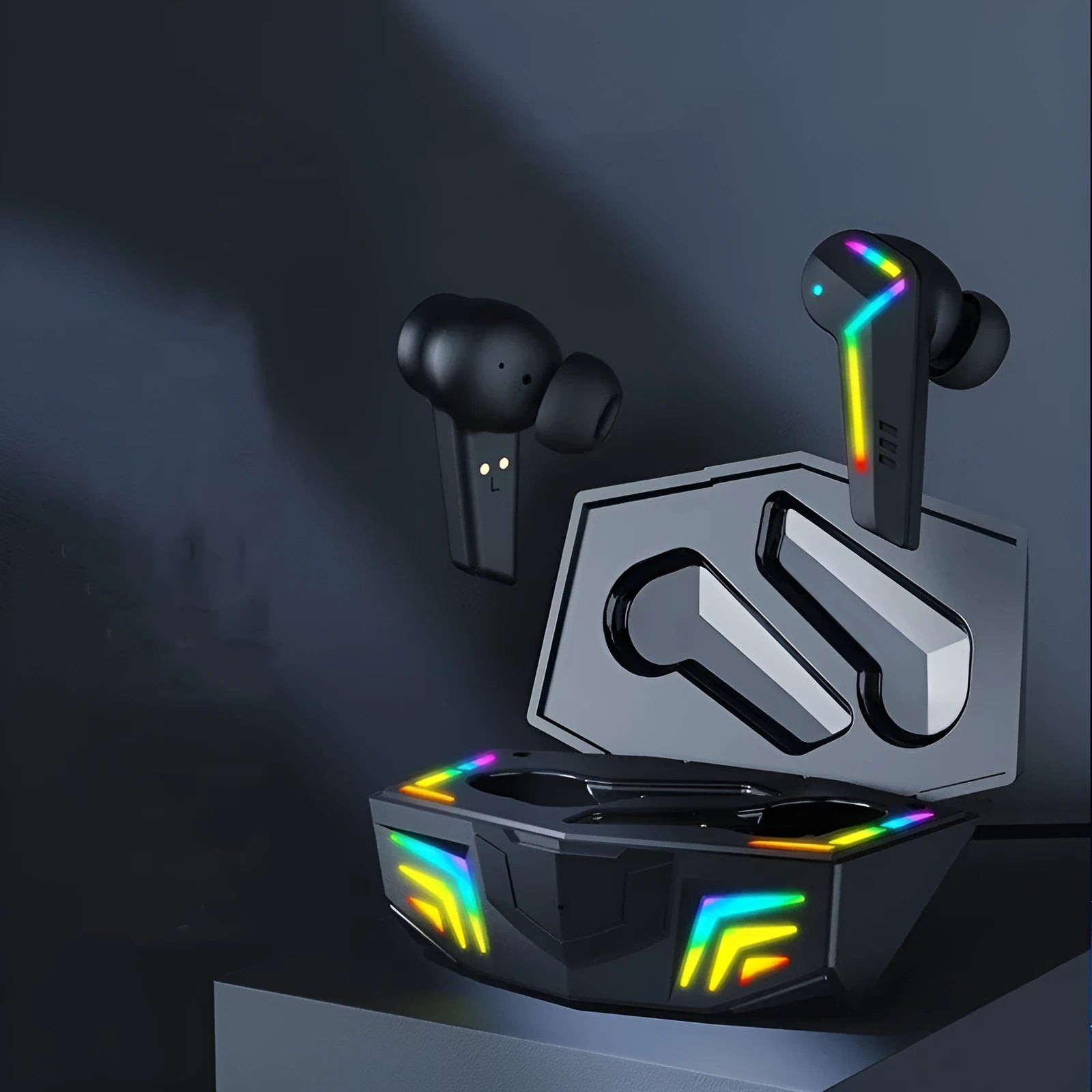 Small black true wireless stereo Bluetooth sports gaming headset with earplug design.