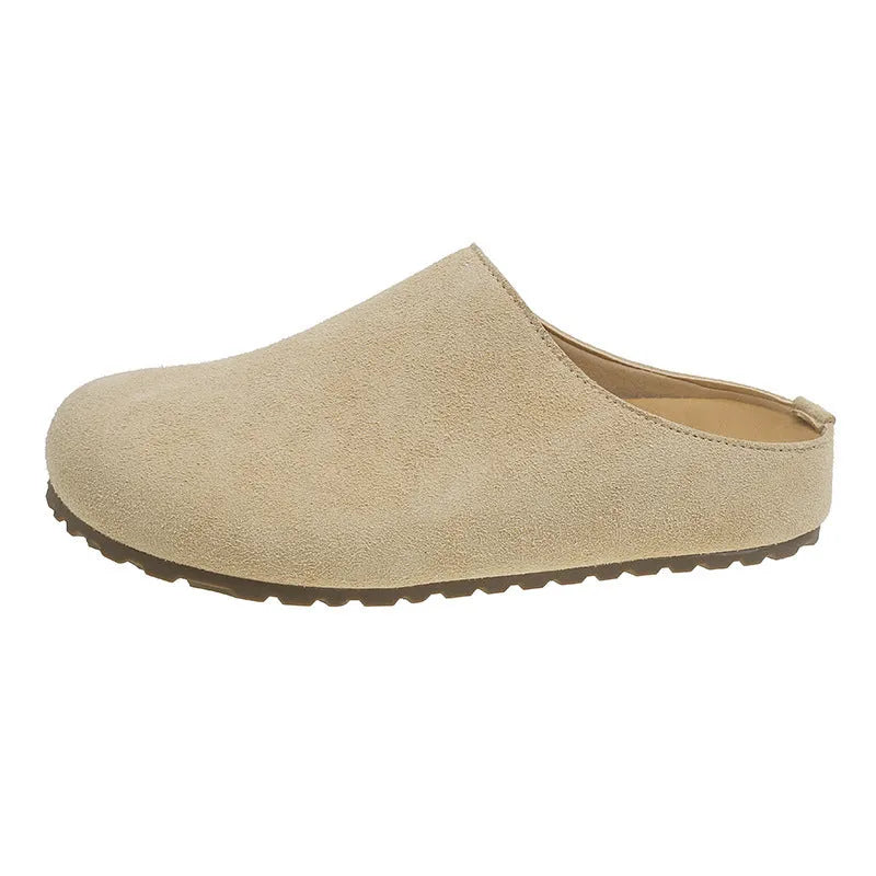 Korean style ugly soft broken slippers in apricot colour with square toe and flat PU sole