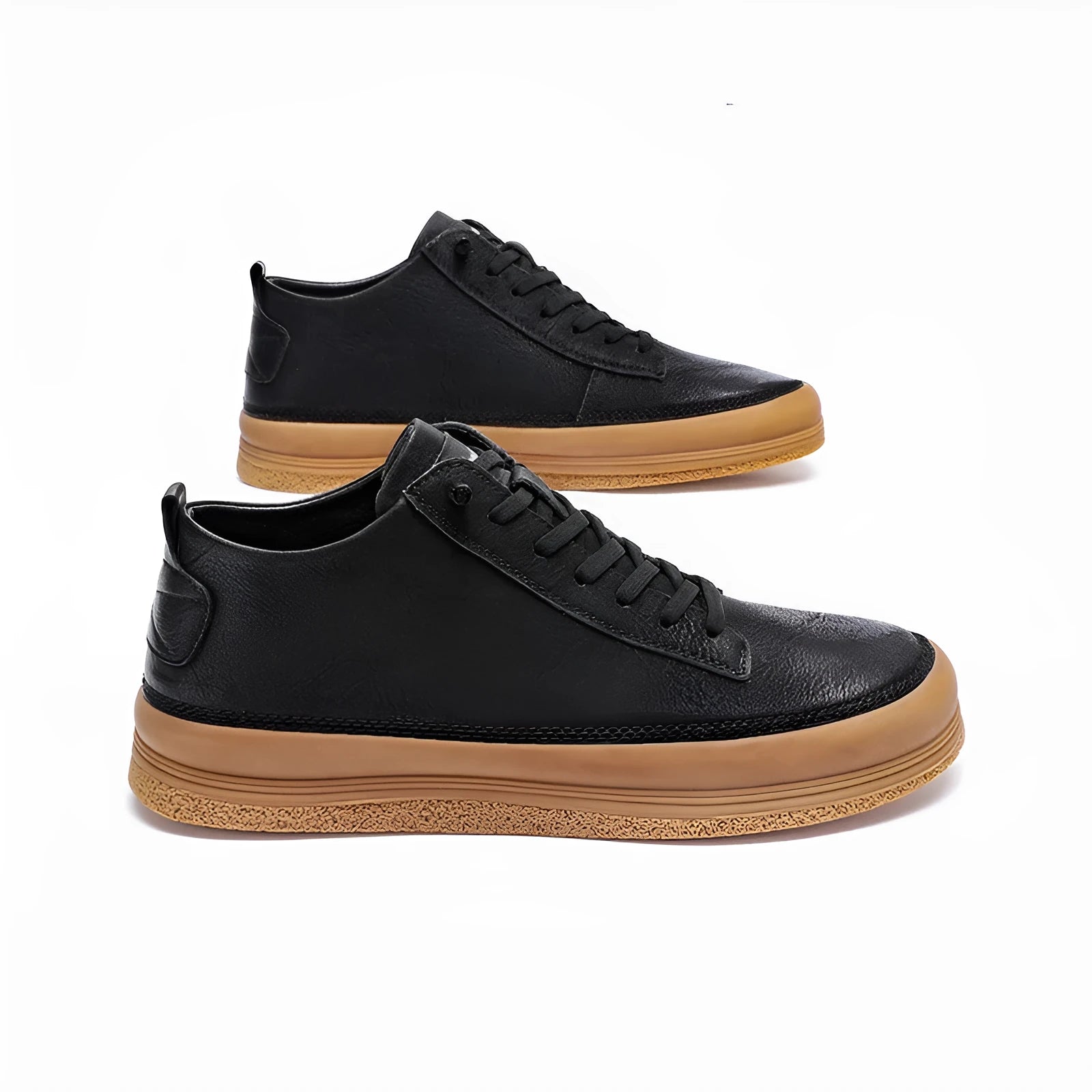 Men's black leather casual shoes with round toe and flat rubber sole, shown with lace-up closure.