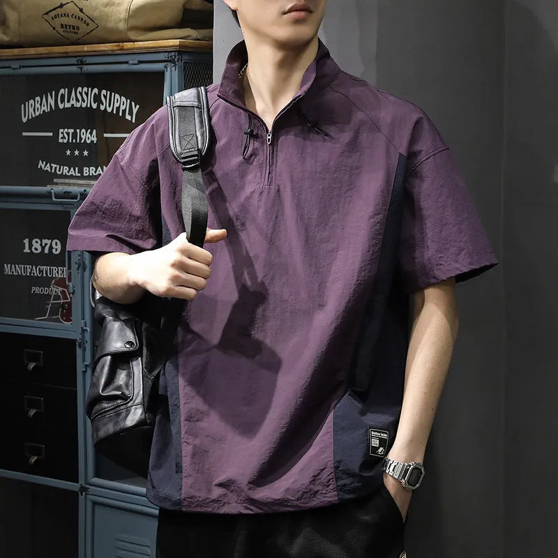 Men's brown half-zip stand collar business casual shirt with short sleeves and Ice Silk fabric texture