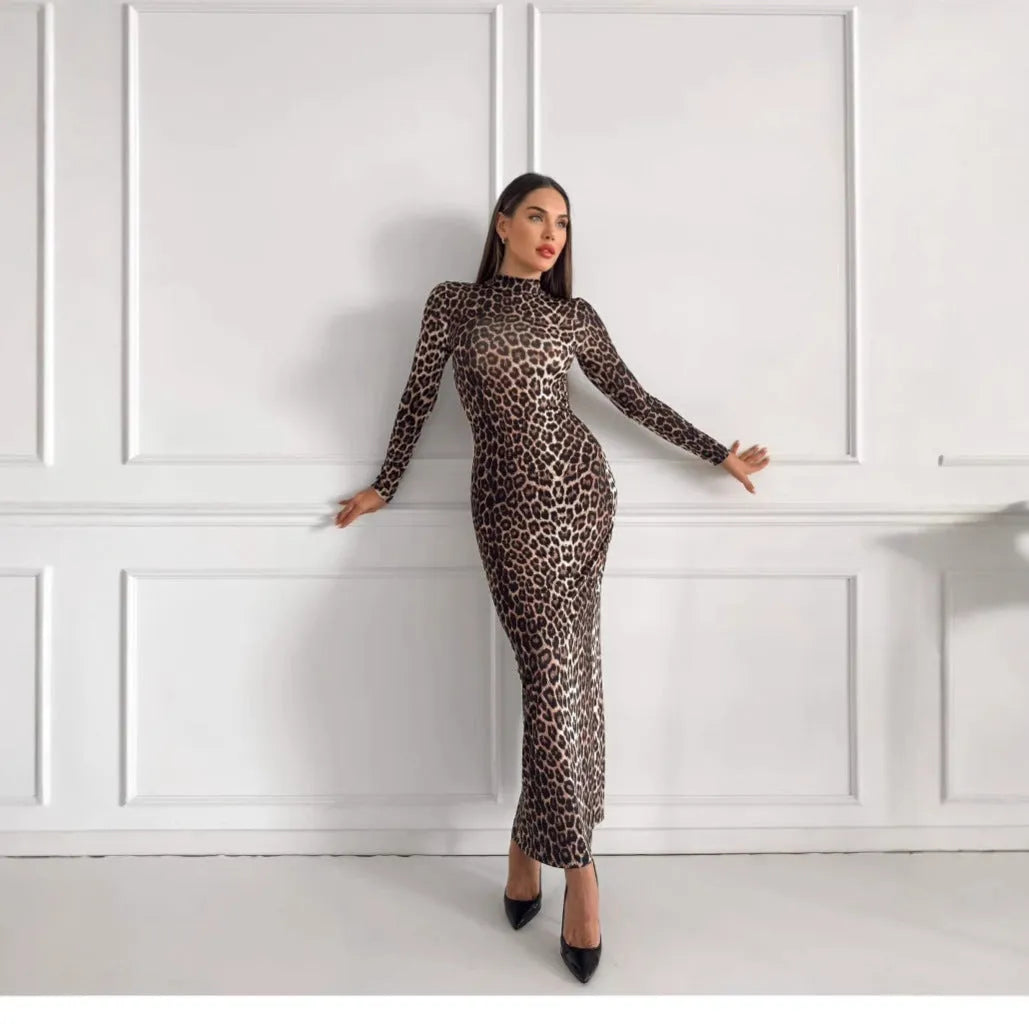 Leopard print long dress with stand collar, long sleeves, and high-waisted hip skirt design