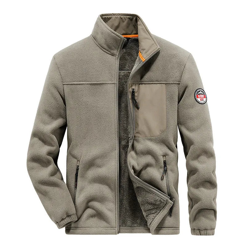 Men's solid colour fleece cardigan jacket with zipper pockets in thickening spandex fabric