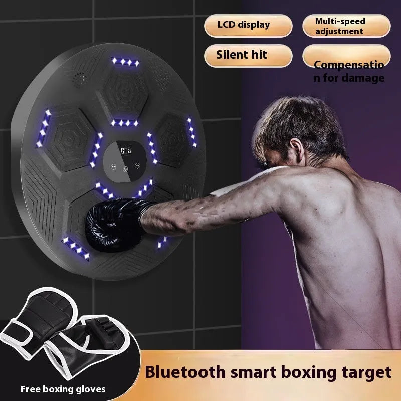 Smart music boxing machine reaction target with LED lights hanging on wall, includes boxing gloves