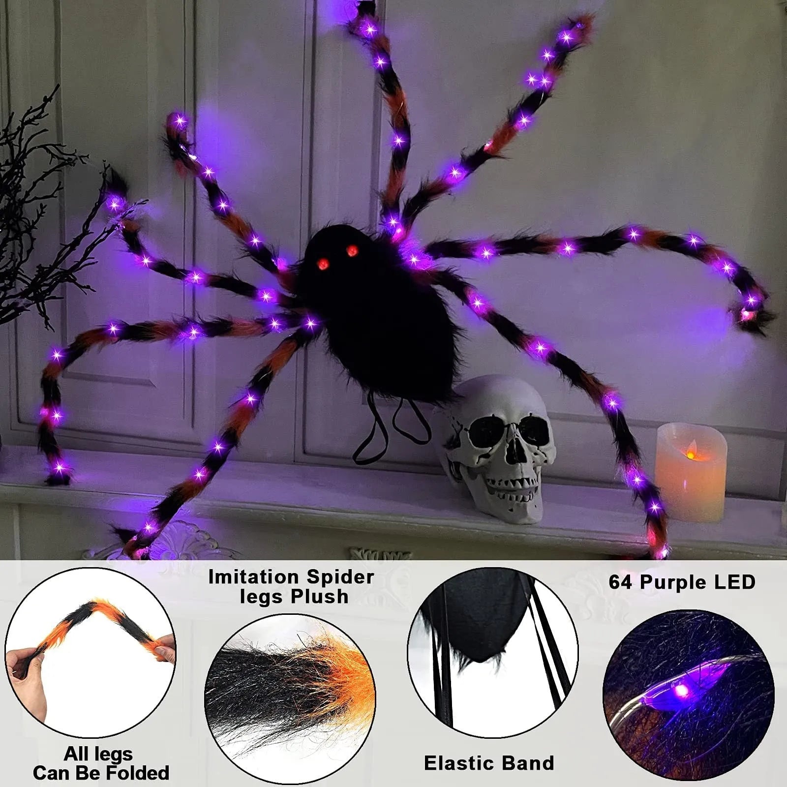 Plush Halloween Spider Backpack with purple LED lights, shown in one of five colour options.