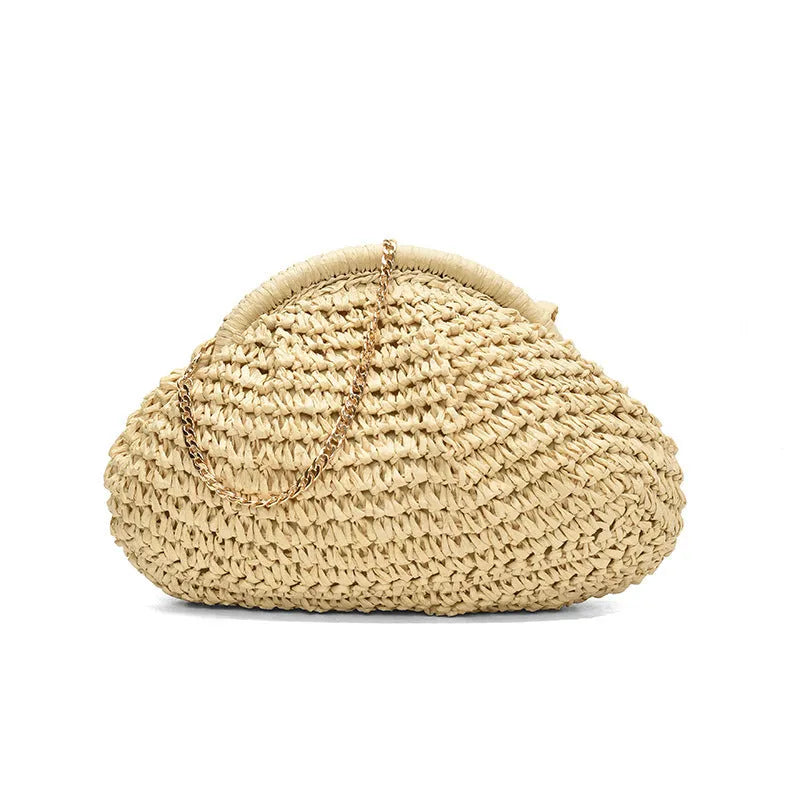 Women's straw beach shoulder bag with leather-look trim in khaki colour