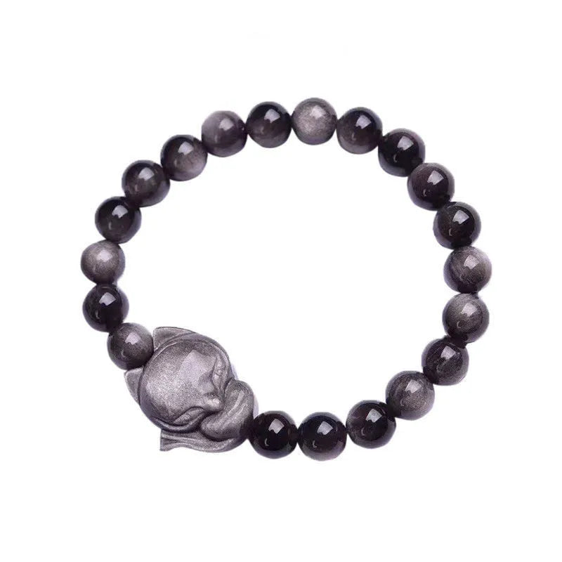 Obsidian fox bracelet with 8mm polished beads and silver fox charm on wrist