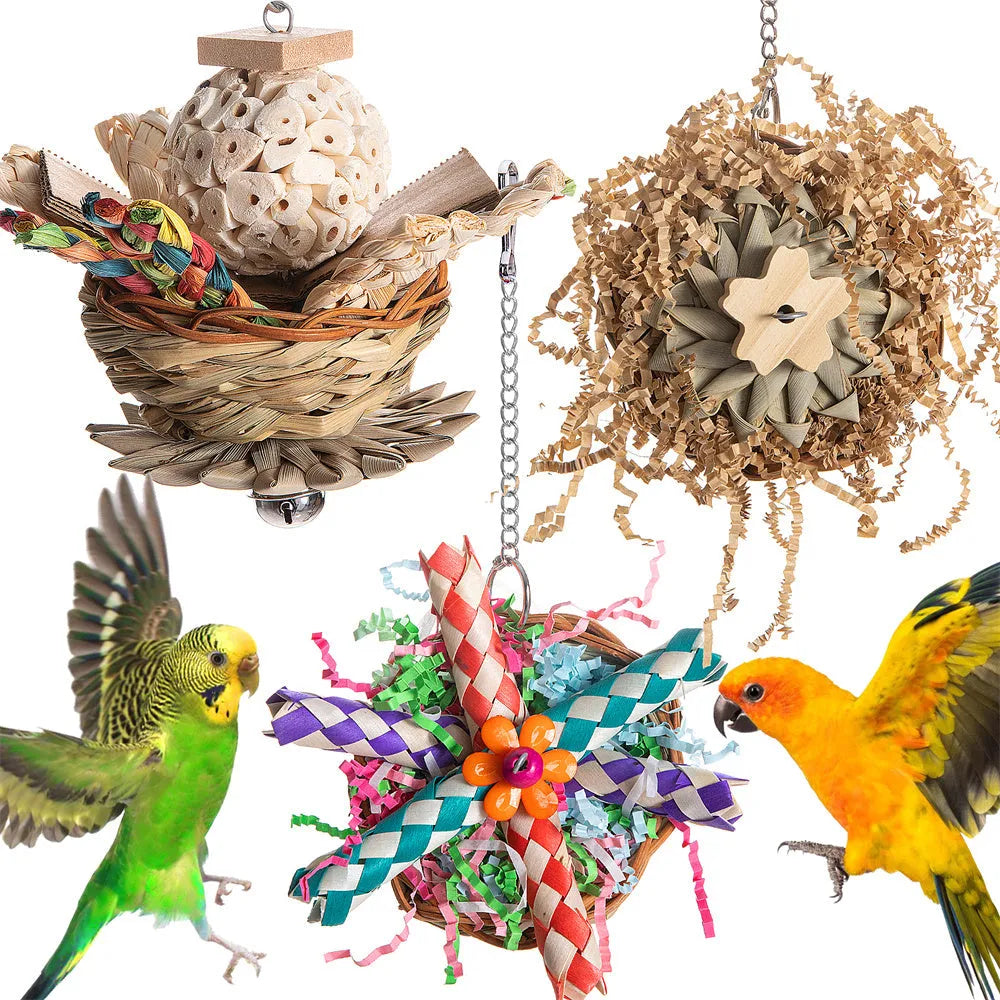 Parrot gnawing molar chew toy with wooden beads, rope, and metal bells in three configuration options