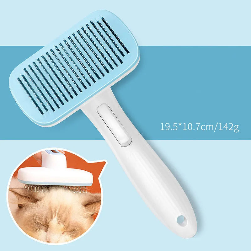 Automatic pet hair removal comb in blue, grey, green, or pink colours for dogs and cats