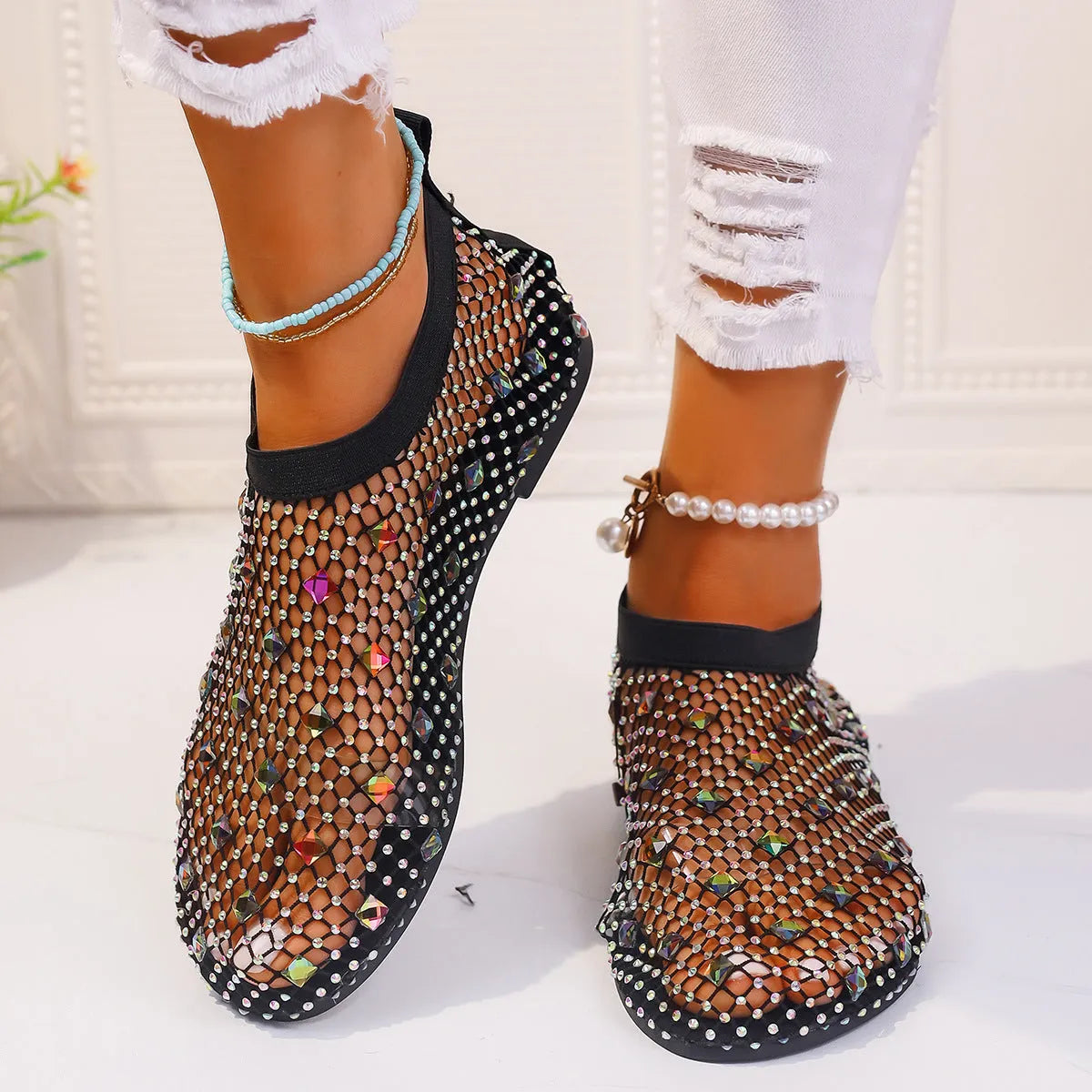 Women's mesh flat sandals with colourful rhinestone decoration on round toe design