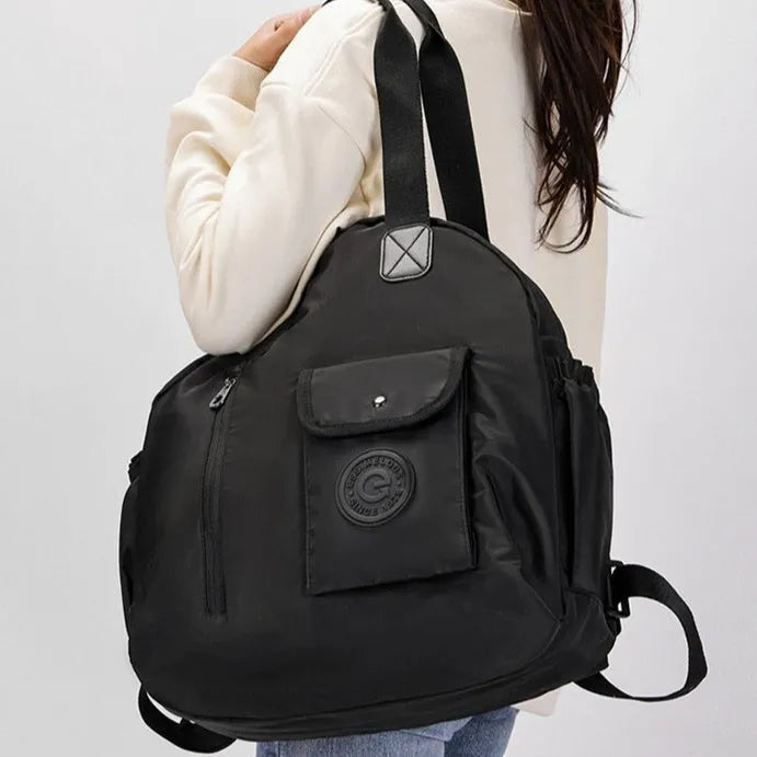 Large capacity nylon outdoor backpack with sandwich pocket design in black colour option