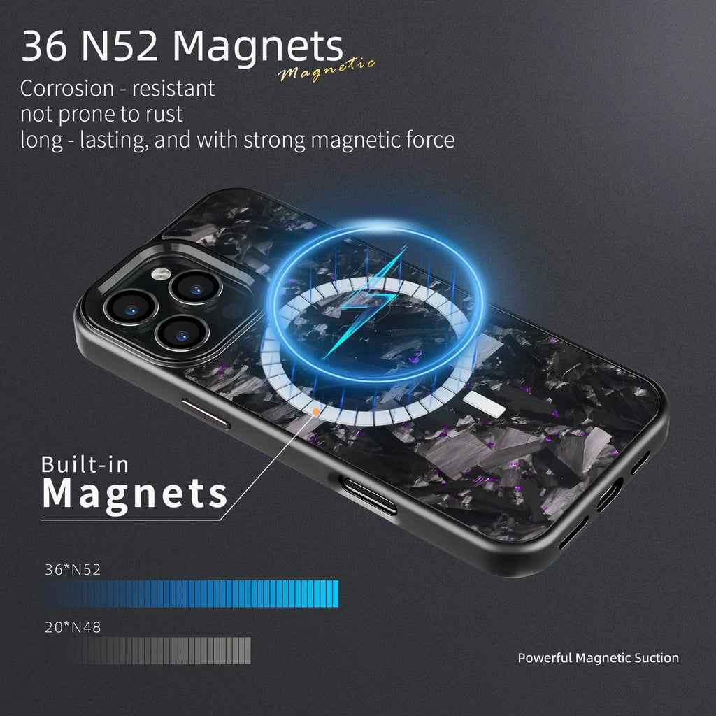 Metal frame carbon fibre phone case with forged pattern and magnetic attachment for iPhone 17