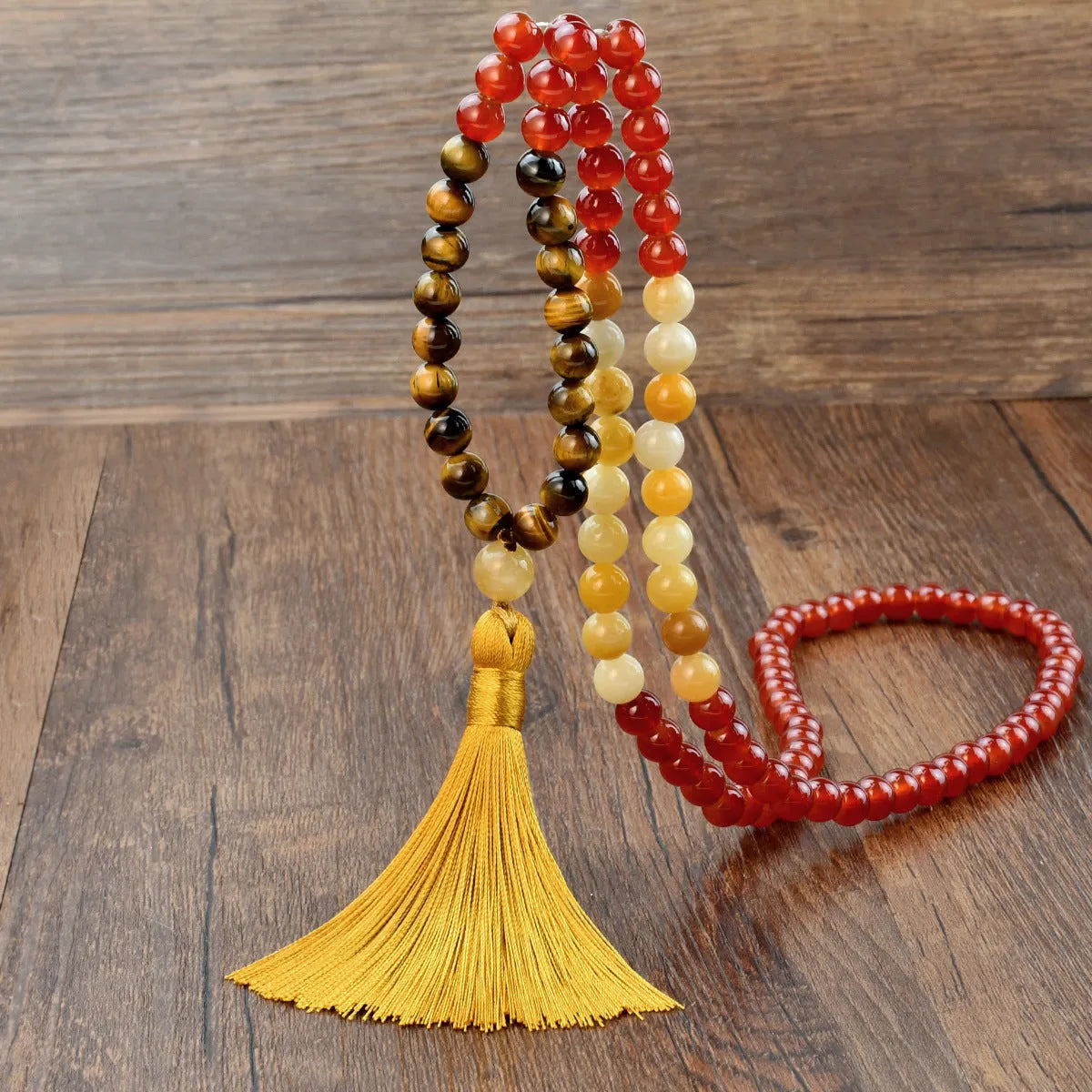 81cm long bohemian necklace with geometric gemstone pendant and 108 natural stone tassels.